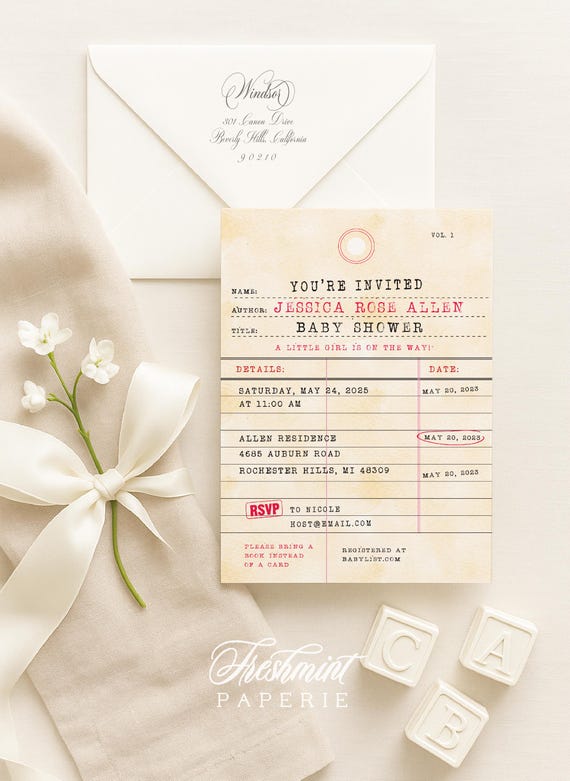 Library Card invitation - library invitation - baby shower invitation - vintage library card invitation - freshmint paperie