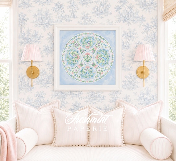 Watercolor Medallion Wall Art, Monogram, Grandmillennial, Paisley