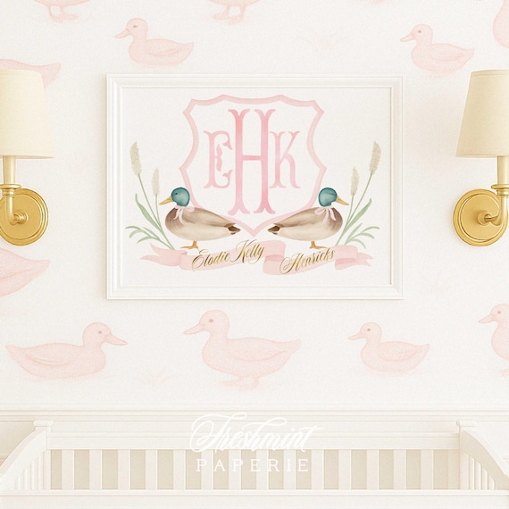 Mallard Duck Nursery Art, Custom Monogram Print