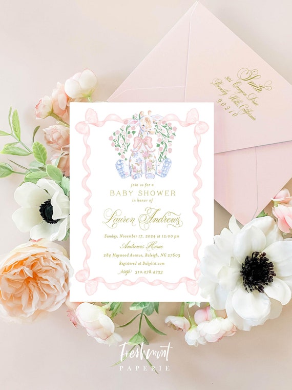 Floral Giraffe invitation, Baby Shower Invitation, Baby Girl Shower Invitations, Watercolor invitation, Pink Bow invitation, Gingham, Toile