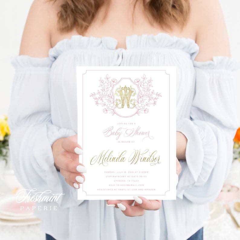 Inbjudan till babyshower, inbjudan till botaniskt vapen, inbjudan till monogramvapen, inbjudan till botaniskt vapen, rosa botanisk inbjudan bild 3