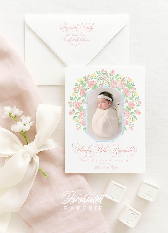 Watercolor Crest Floral Birth Announcement, Watercolor Baby Announcement, Birth Announcement, Monogram Birth Announcement, Welcome Baby