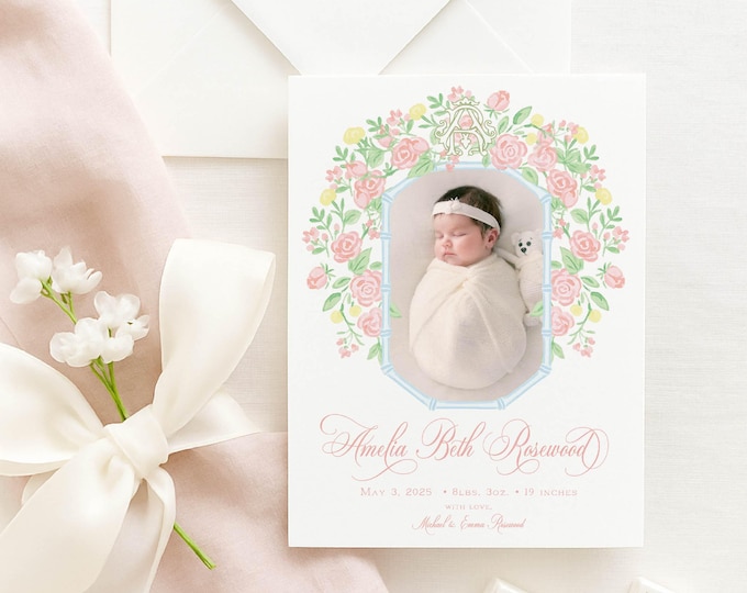 Watercolor Floral Crest Baby Announcement: Monogrammed Design