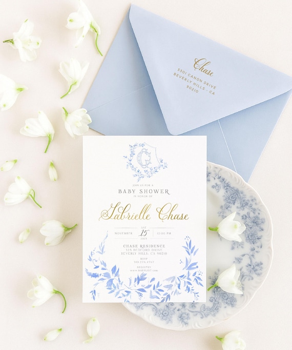 Monogram Baby Shower Invitation, Baby shower invitation, Baby Boy invitation, Blue Crest invitation, French Blue, Classic Invitation