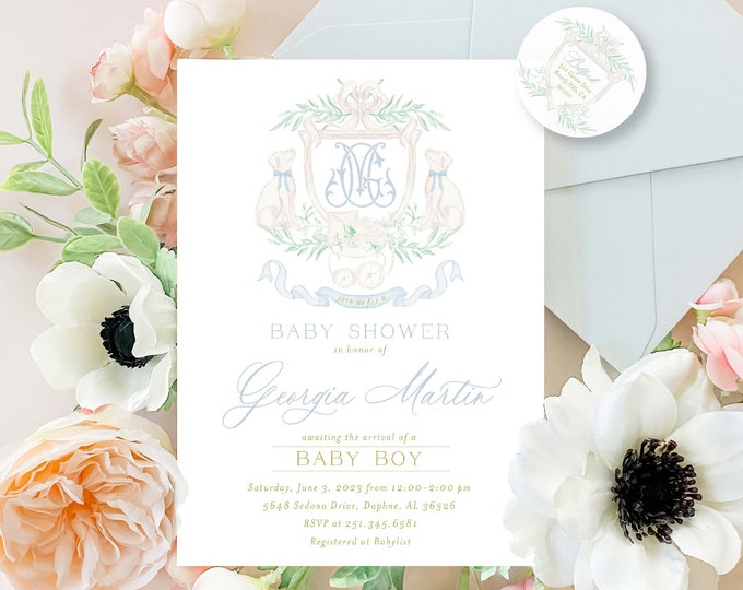 Labrador Baby Shower Invitations – Carriage Crest, Monogram, Blue Bow