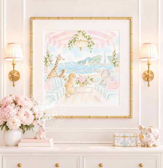 Nursery Wall Art, Sailing, Chandelier, Pink Stripes, Grandmillennial, Chinoiserie