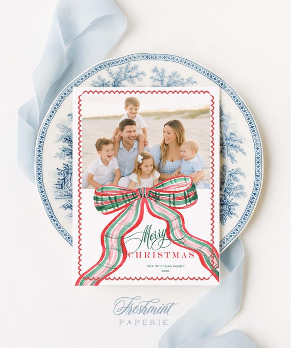 Plaid Ribbon Photo Christmas Cards: Custom Holiday Card Set