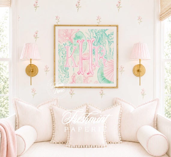 Monogram Wall Art, Tropical, Sea shells, Coral, Grandmillennial, Nursery, Dorm, Watercolor