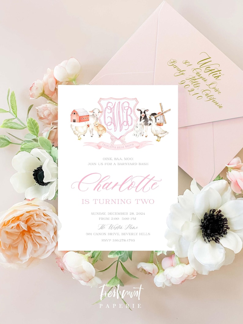 May include: Pink and white barnyard-themed second birthday invitation for Charlotte. Features a pink monogram, watercolor farm animals, and text: 'Oink, baa, moo', 'Charlotte is turning two', date, time, location, and RSVP information.  The invitation is designed with a pink envelope.