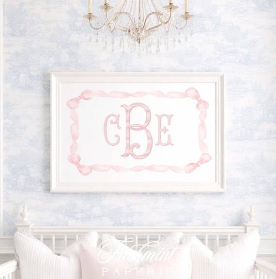 Monogram Nursery Print, Watercolor Pink Bow, Custom Name Wall Art