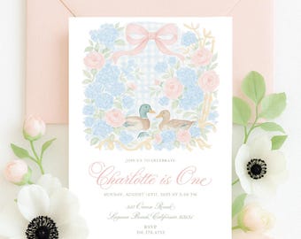 Mallard Duck Birthday Invitation: Pink Bow, Gingham (Digital File)