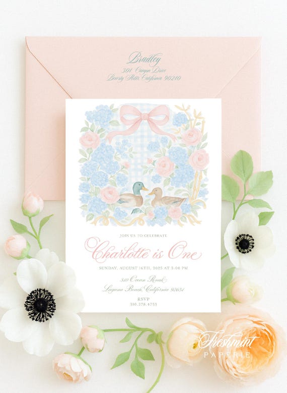 Mallard Duck invitation - Mallard invitation - Mallard birthday invitation - Girls Duck invitation - Granmillennial - Pink Bow - Gingham