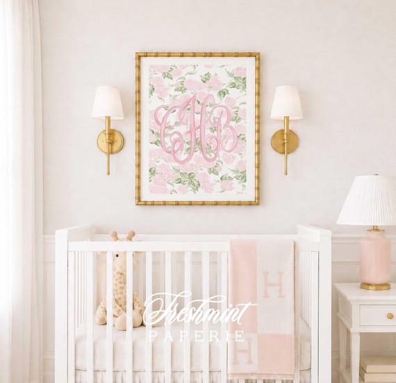 Watercolor Hydrangea Monogram Nursery Print, Custom Wall Art, Pink