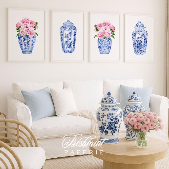Chinoiserie wall art, Ginger Jar Wall Art, Blue and white Chinoiserie print, Chinoiserie print Wall Art, Peonies in Ginger jar