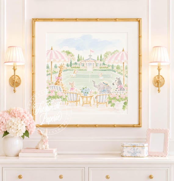 Nursery Wall Art, Bunny Tennis, Safari, Grandmillennial, Chinoiserie