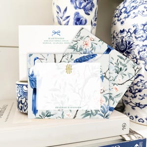 Personalisiertes Briefpapier - Monogramm Grußkarten - Monogramm Briefpapier Grußkarten - Briefpapier Set - Chinoiserie, Kranich, Toile