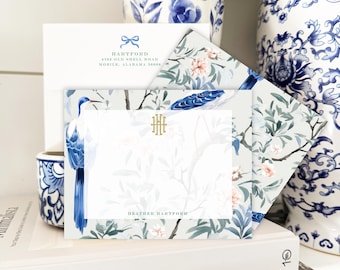 Personalisiertes Kranich Monogramm Briefpapier - Chinoiserie Grußkarten