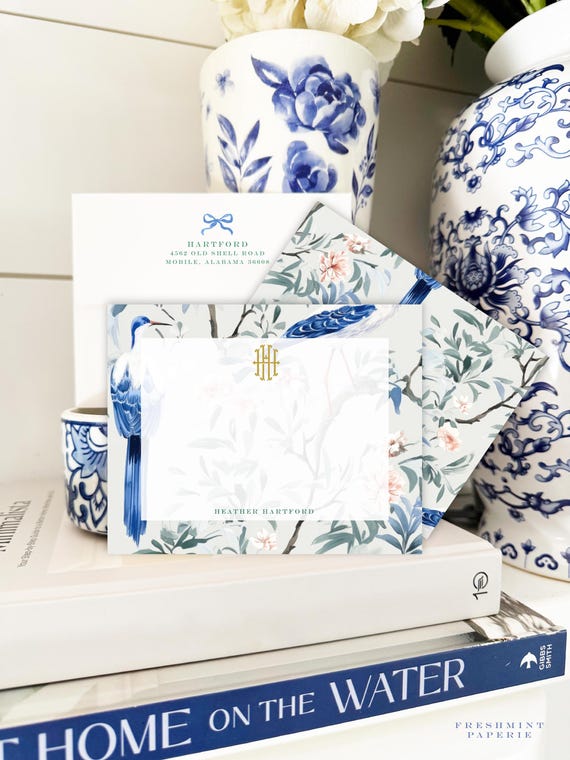 Personalized Stationery - Monogram Note Cards - Monogram Stationery Note Cards - Stationery Suite - Chinoiserie, Crane, Toile