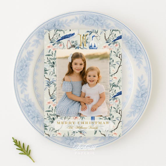 Blue Chinoiserie Holiday Cards, Christmas card, Monogram Christmas cards, Photo holiday cards, Pretty Holiday Cards, Monogram, Crane, Sakura