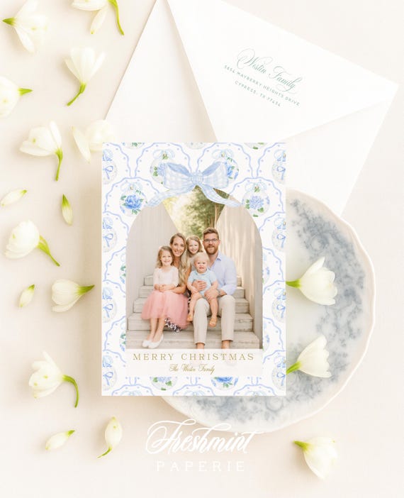 Blue Floral Photo Holiday Cards: Chinoiserie Ornaments, Gingham Bow, Hydrangeas