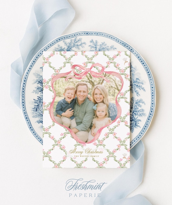 Watercolor Christmas Photo Cards: Floral Holiday Card, Grandmillennial, Pink Bow
