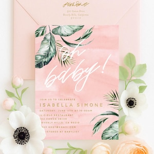 Tropical Baby shower invitation, Palm leaf invitation, Blush Baby Shower Invitation, Oh Baby, tropical invitation, Oh baby invitation