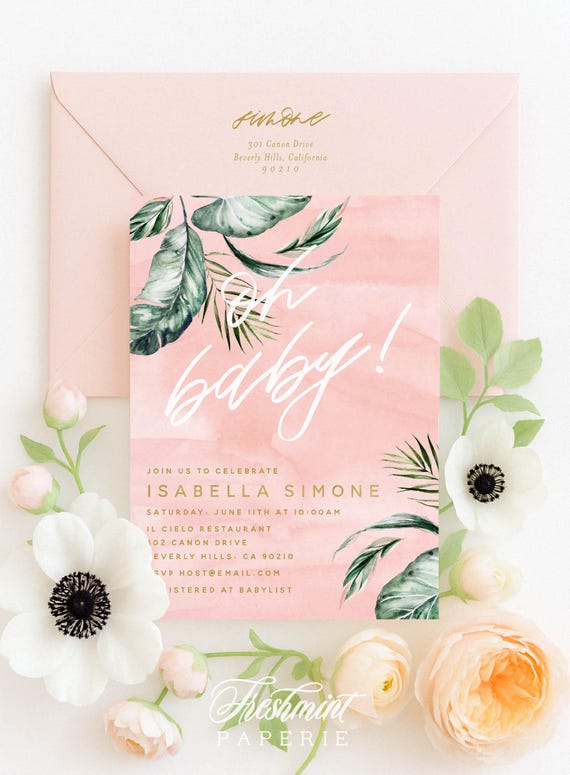 Tropical Baby shower invitation, Palm leaf invitation, Blush Baby Shower Invitation, Oh Baby, tropical invitation, Oh baby invitation
