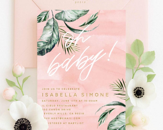 Tropical Baby shower invitation, Palm leaf invitation, Blush Baby Shower Invitation, Oh Baby, tropical invitation, Oh baby invitation