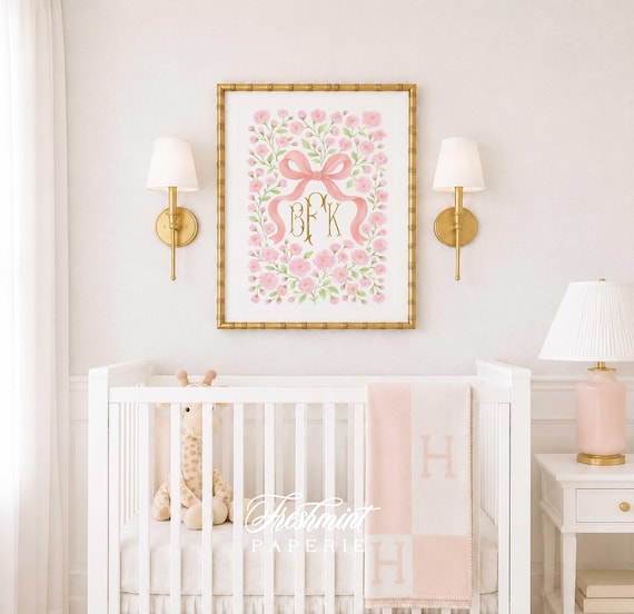 Watercolor Floral Monogram Nursery Art with Pink Bow