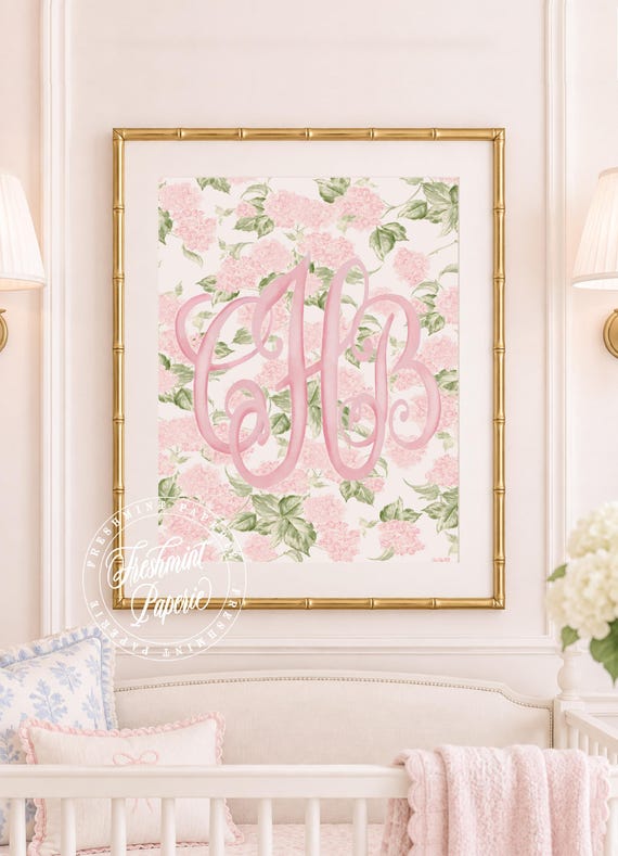 Watercolor Hydrangea Monogram Nursery Print, Custom Wall Art, Pink