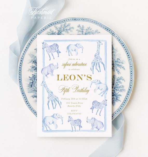 Watercolor Safari Birthday Invitation, Wild One Party, Giraffe, Elephant, Zebra, Rhino, Blue, Gingham