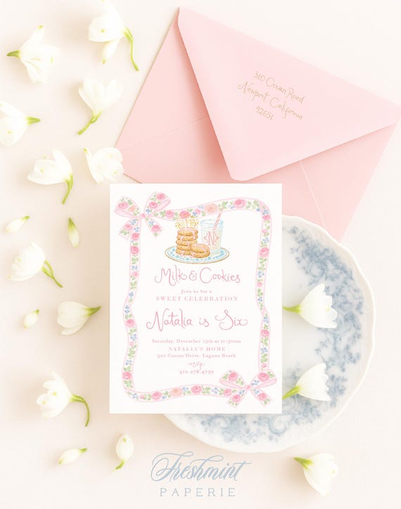 Milk & Cookies Birthday Invitation, Sweet Celebration, Baking, Girly, Grandmillennial, Monogram, Pink Stripes, Pink Bow
