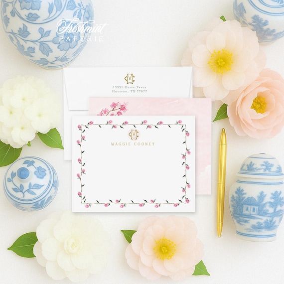 Personalized Stationery - Monogram Note Cards - Monogram Stationery Note Cards - Stationery Suite - blush pink watercolor - set36