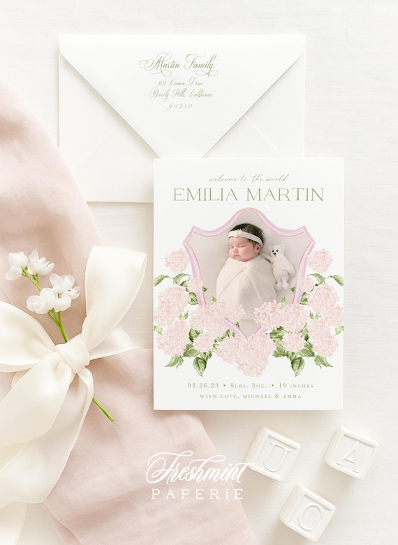 Hydrangea Birth Announcement, Pink Hydrangea Announcement, Birth Announcement, Watercolor crest, Welcome Baby, Grandmillennial