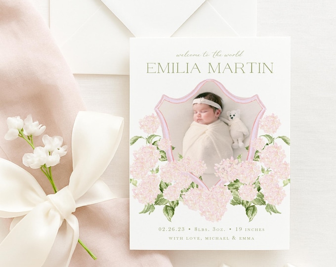 Hydrangea Birth Announcement: Watercolor Crest, Welcome Baby
