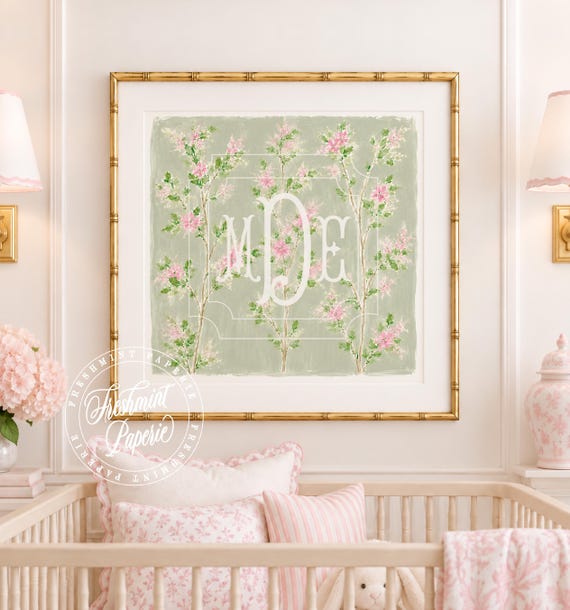 Monogram Wall Art, Chinoiserie, Floral, Grandmillennial, Watercolor