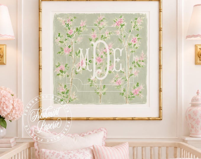 Monogram Wall Art, Chinoiserie, Floral, Grandmillennial, Watercolor