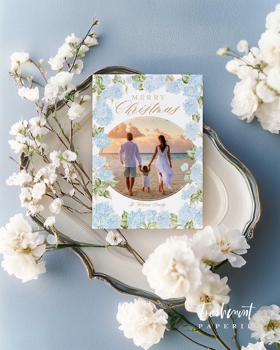Watercolor Blue Hydrangea Photo Christmas Cards