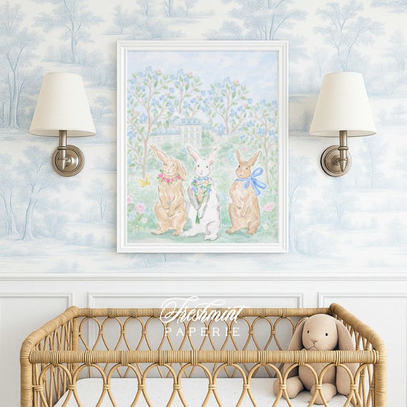 Bunny Nursery wall art, Watercolor, Grandmillennial, Floral