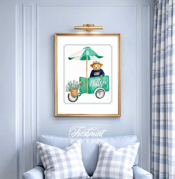 Coffee Cart Nursery Wall Art, Monogram, Bear