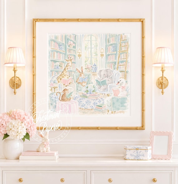 Nursery Art, Books, Safari Library, Reading, Grandmillennial, Chinoiserie