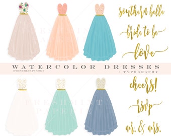watercolor dresses - dress clipart - flowing dress clipart - watercolor clipart - typography - freshmint paperie