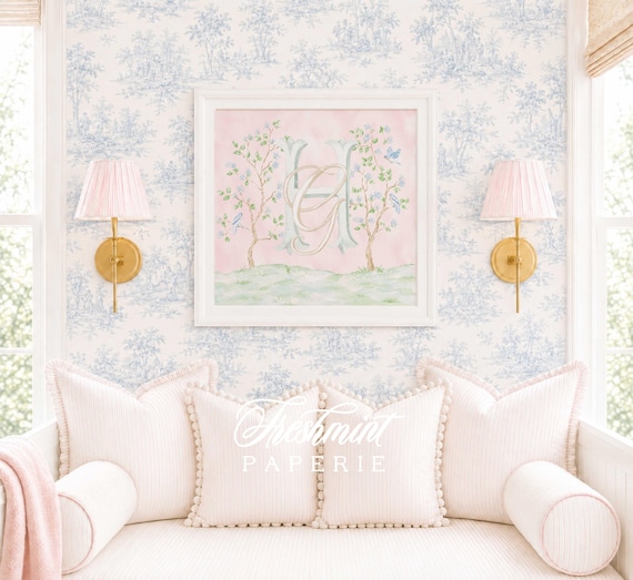 Monogram Wall Art, Monogram, Grandmillennial, Watercolor, Chinoiserie, Florals