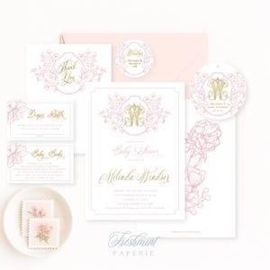 Inbjudan till babyshower, inbjudan till botaniskt vapen, inbjudan till monogramvapen, inbjudan till botaniskt vapen, rosa botanisk inbjudan bild 2