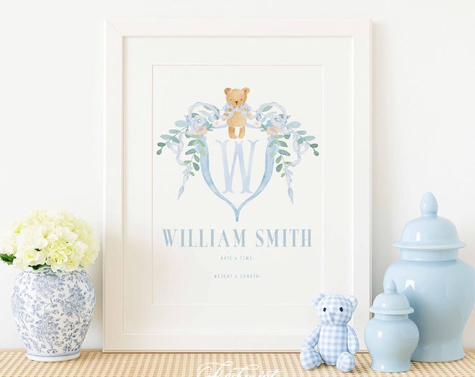 Monogram Nursery Wall Art, Newborn Announcement Crest Print