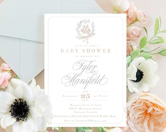 Monogram Baby Shower Invitation - baby shower invitation - baby shower invitation - Plaid invitation - Neutral baby shower