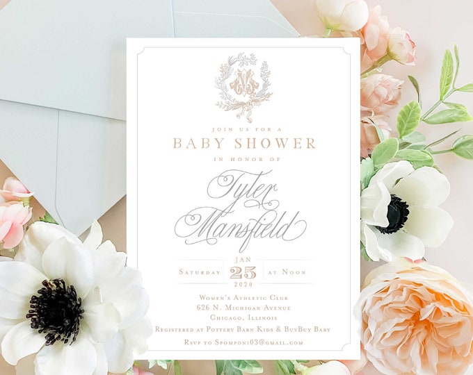 Monogram Baby Shower Invitation - baby shower invitation - baby shower invitation - Plaid invitation - Neutral baby shower