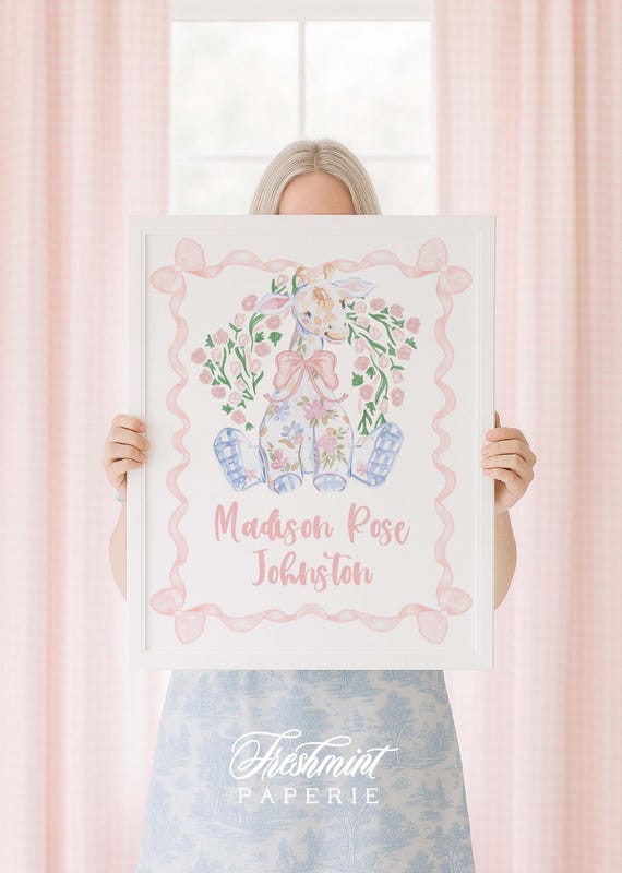 Giraffe wall art, Watercolor Giraffe nursery art, Nursery name print, Pink Giraffe Nursery , Nursery wall art, Newborn Gifts, Floral Giraffe