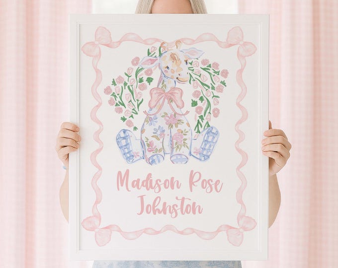 Watercolor Giraffe Nursery Art, Floral Name Print