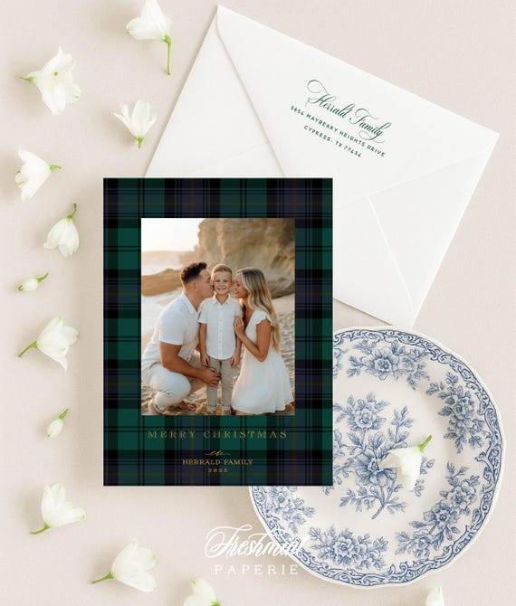 Plaid Photo Holiday Cards, Tartan Christmas card, Traditional Christmas Family Cards, Preppy, Tartan Stewart Plaid Holiday Cards
